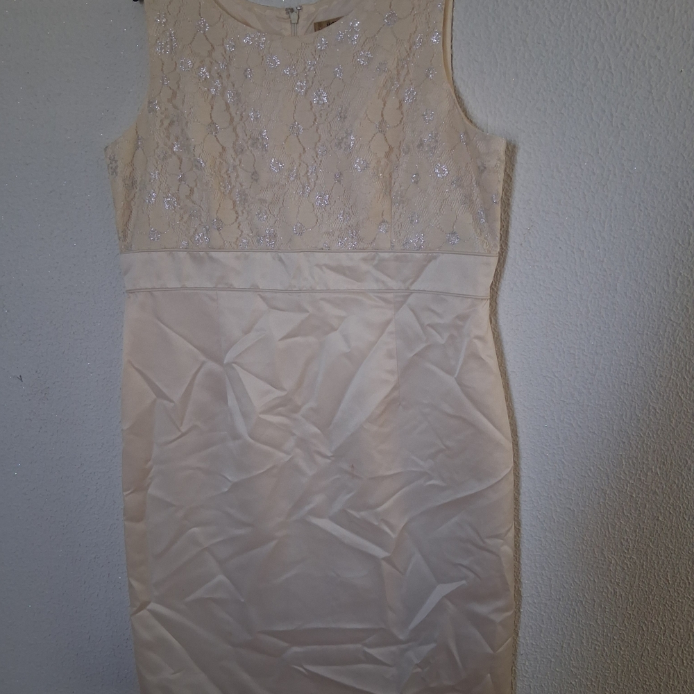 Kasper Cream Lace W/Silver Overlay Bodice   Midi Dress Rhinestone Sz 16 Pre-owne